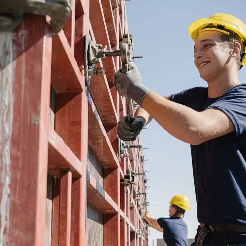 Young man in a construction helmet working on a bare concrete structure